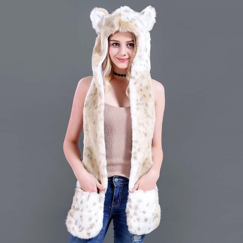 Faux Fur Straw Cartoon Animal Hat Scarf Gloves One - Bellarte Enchanté Faux Fur Straw Cartoon Animal Hat Scarf Gloves One